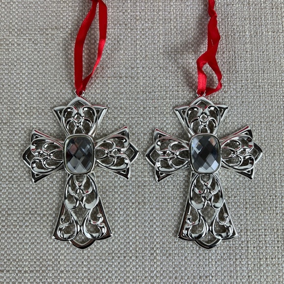 Lenox Bejeweled Ornaments Silverplate Clear Stone Cross Set of 2 New In Box - Picture 3 of 10